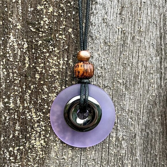 Hematite and Lavender Blue Sea Glass Pendant Handmade - Picture 4 of 5